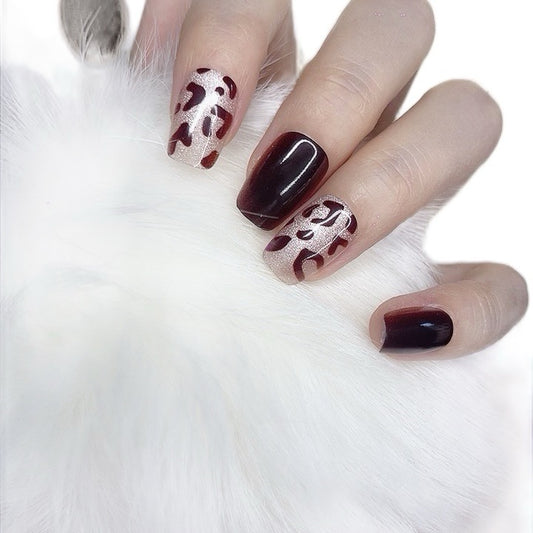 Short Square Press on Nails with Red Color Leopard Print Design 118