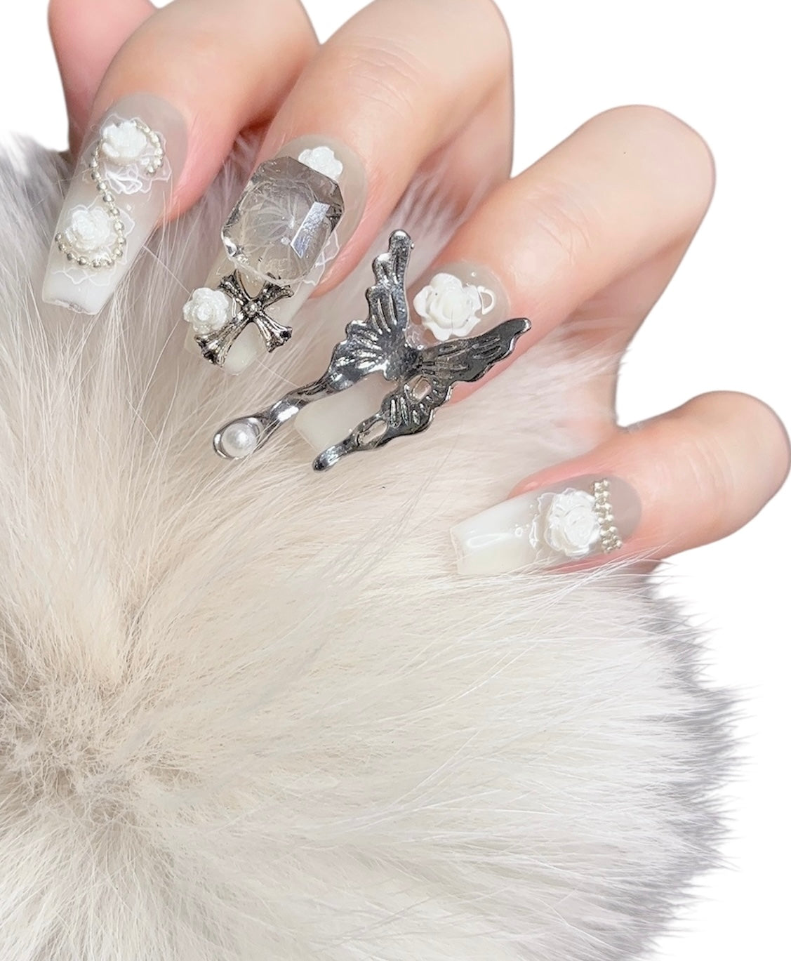 Gray Long Coffin Press-On Nails with 3D Metallic Butterfly Design | Tipora 048