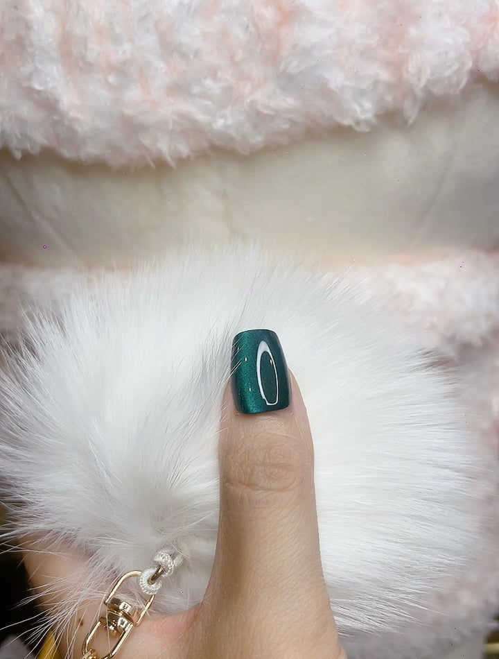 Short Square Press on Nails Green Color with Cat-Eye Design 122