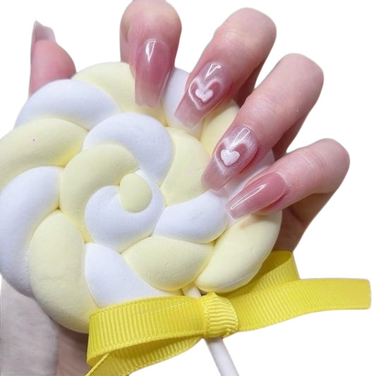 Pink Medium Coffin Press-On Nails with Heart Design – Tipora 038 Limited Edition