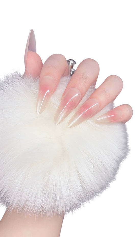 Soft Blush Ombre Press-On Nails – Glossy Nude Pink Oval Shape, Reusable Handmade Nails Tipora 133