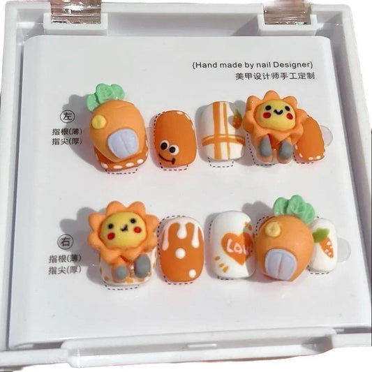 Orange Short Round Press-On Nails with 3D Sun and Carrot Design | Tipora 020
