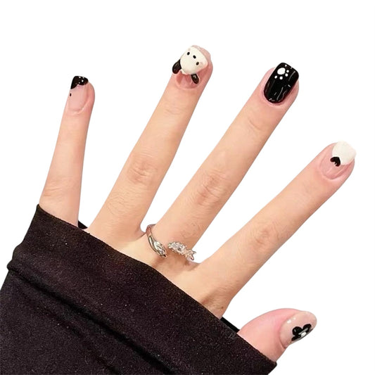 Black & White Short Square Press-On Nails with 3D Puppy Design | Tipora 036
