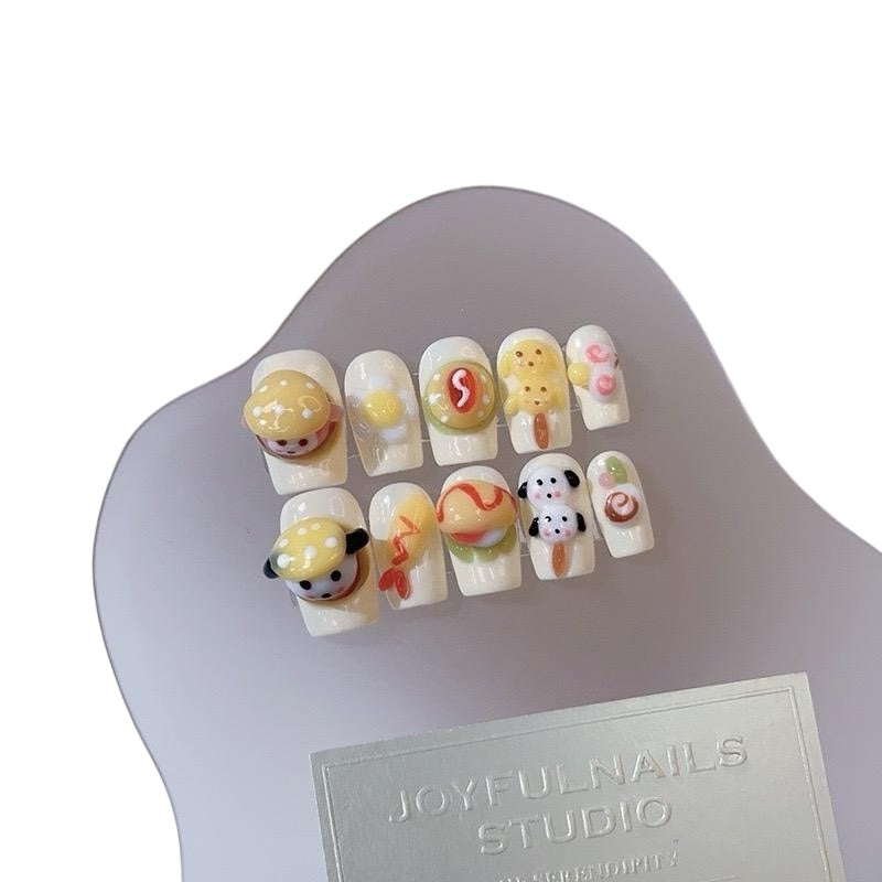 Yellow Long Square Press-On Nails with 3D Puppy Design – Tipora 026 Limited Edition