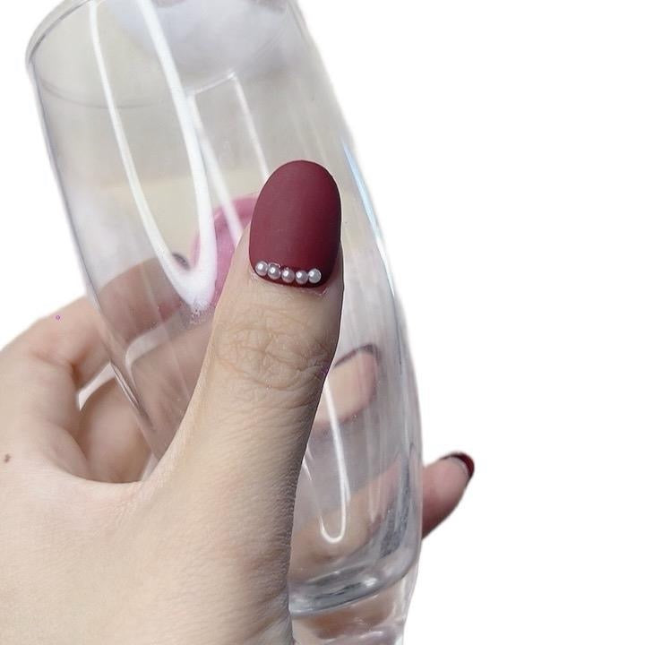 Press on Nails Short Round Matte Red with Mini Pearl Design 108