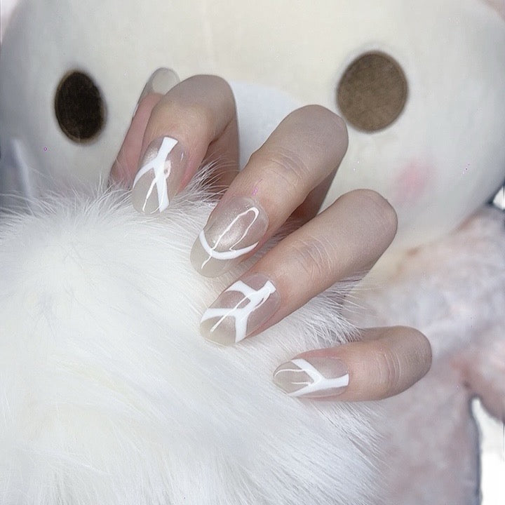 Press on Nails Medium Length Oval Shape with Whit Abstract Line Design 119