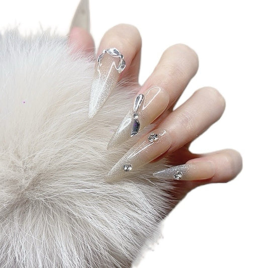 Long Arrowhead Press on Nails Beige Color -With Rhinestone Design (090)