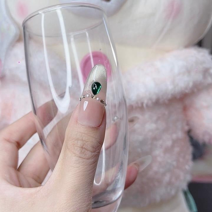 Artificial Acrylic Nails Long Oval Green Color with Mini Pearl & Green Rhinestones Design 114 Glossy Finish