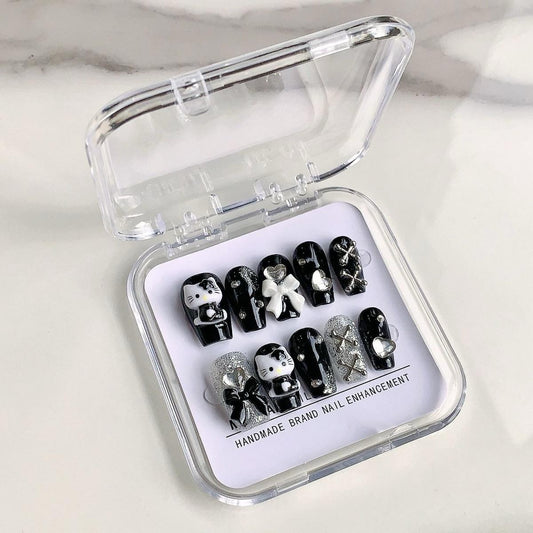 Black & Silver Medium Coffin Press-On Nails with Cat & Bowknot Design | Tipora 039