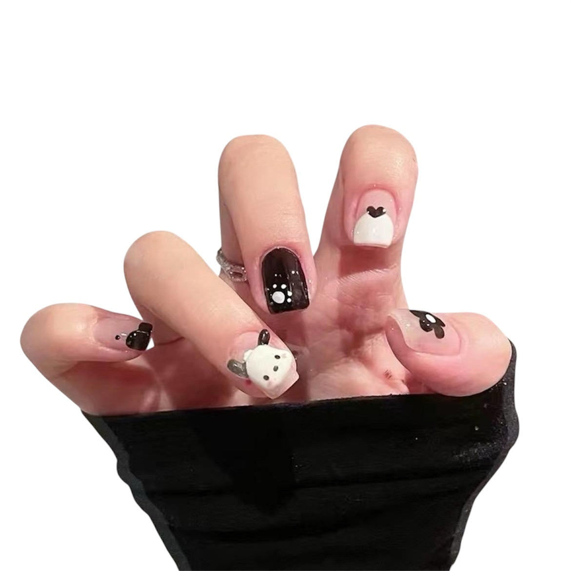 Black & White Short Square Press-On Nails with 3D Puppy Design | Tipora 036