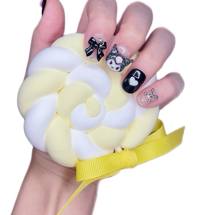 Press on Nails Short Round Black and White Color with 3D Cartoon Design 065