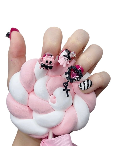 Purple Short Round Press-On Nails with 3D Halloween Design | Tipora 009