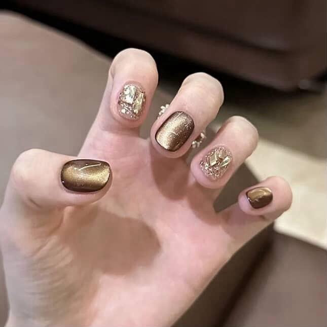 Short round brown cat eye press-on nails