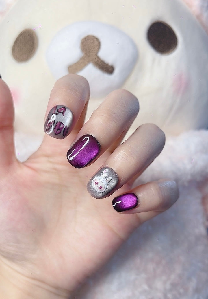 Press on Nails Short Round Purple Color with Cartoon Design 131