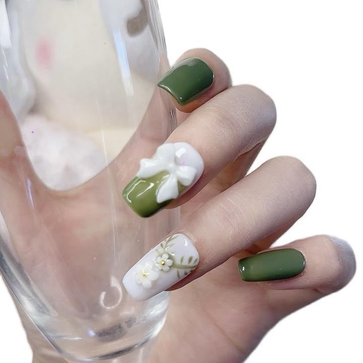 Square Press-on Nails Green Summer Medium Length with White Bowknot Tipora 112