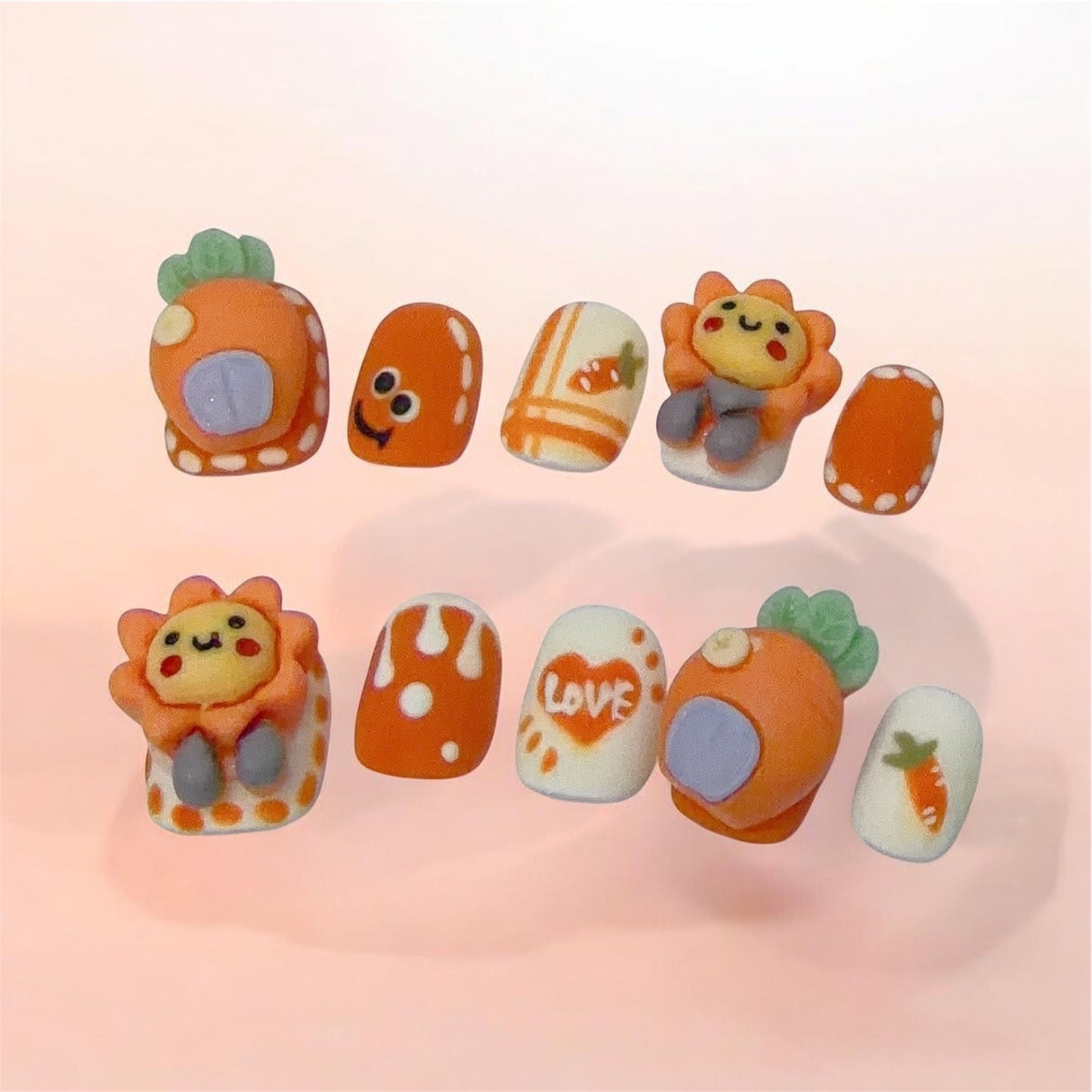 Orange Short Round Press-On Nails with 3D Sun and Carrot Design | Tipora 020