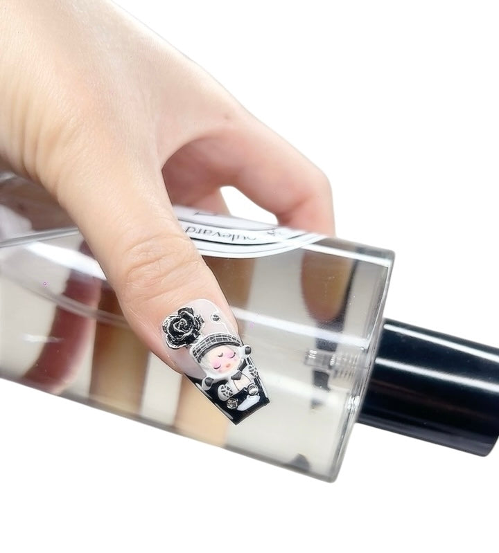 Black & White Long Coffin Press-On Nails with 3D Doll & Flower Design | Tipora 068