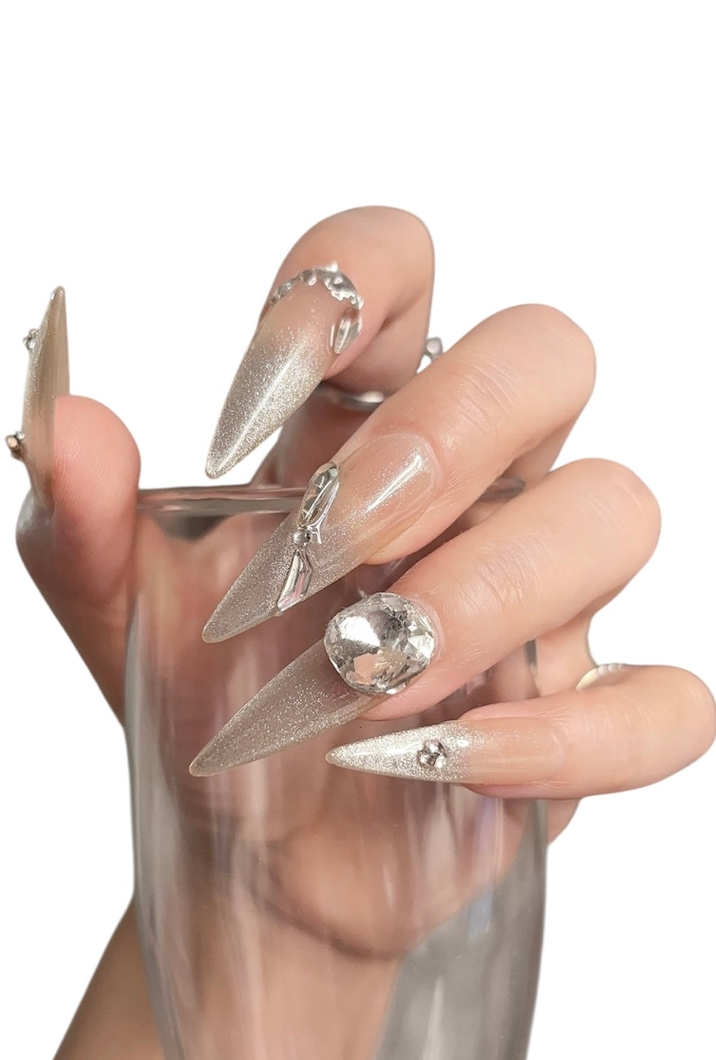 Beige Long Stiletto Press-On Nails with Rhinestones | Tipora 090