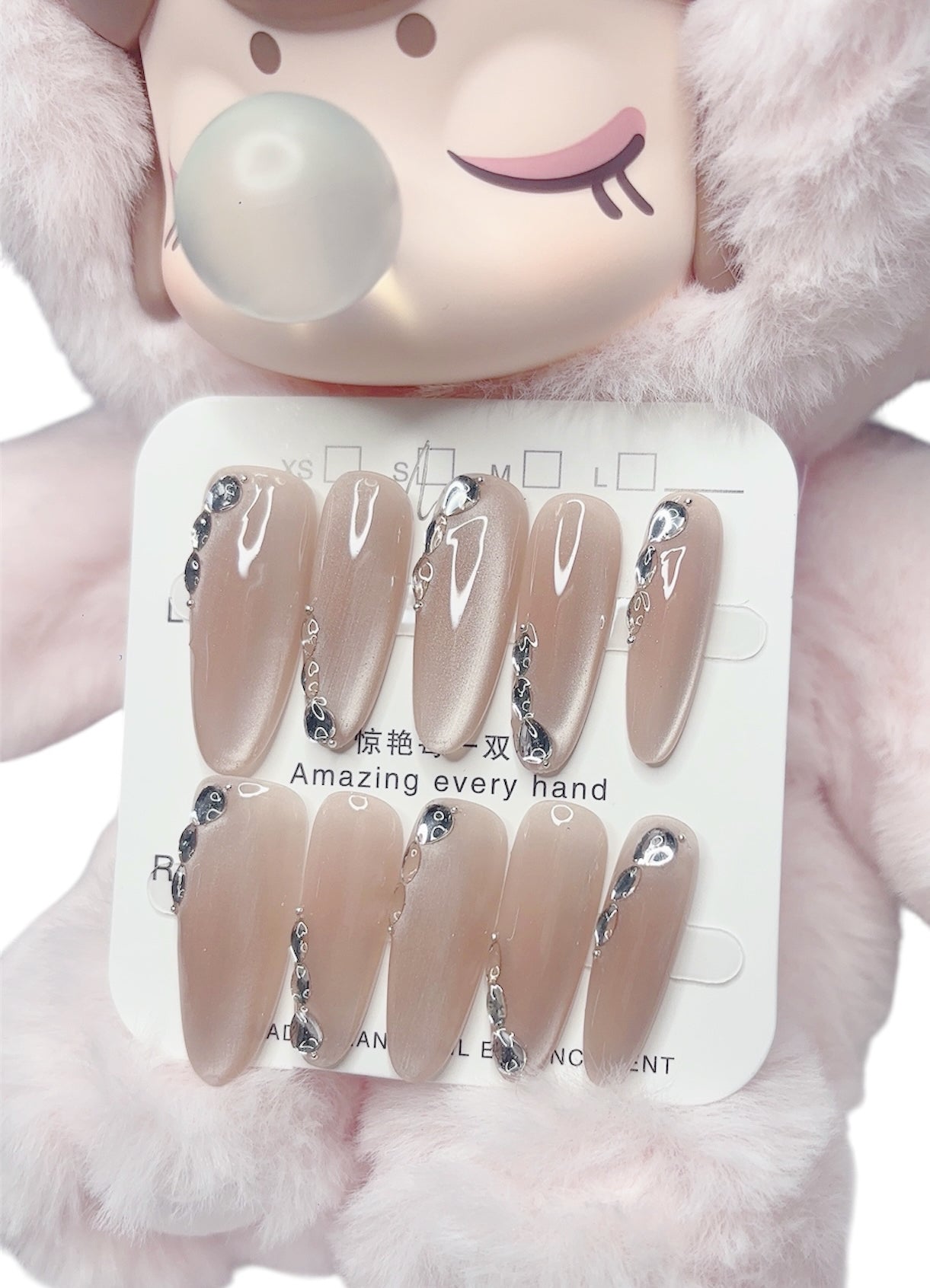 Luxury Nude Chrome Press-On Nails with Rhinestone Design ✨ Elegant Long Oval Shape Tipora 134