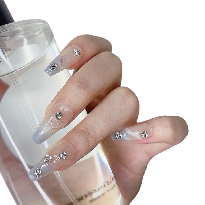 Pink & Gray Long Coffin Press-On Nails with Rhinestone Design | Tipora 016