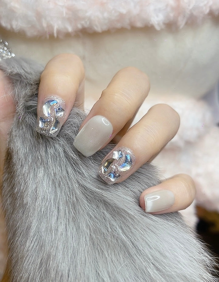 Press on Nails Short Square White Color with Ocean Design 121