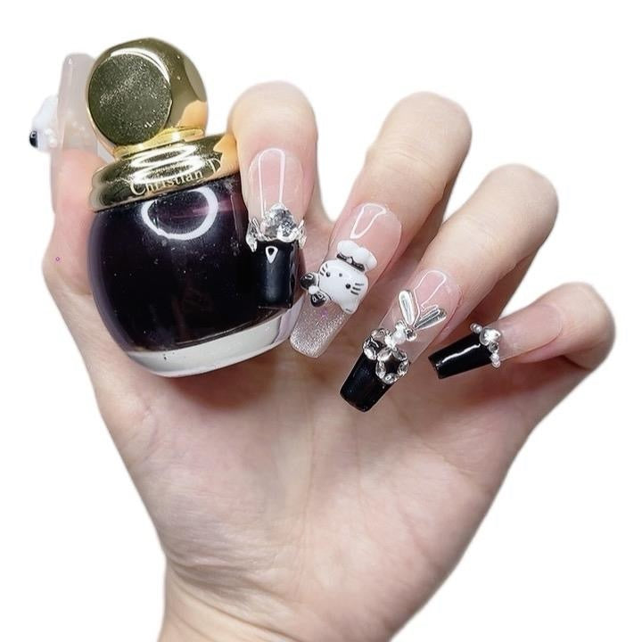 Black & White Long Press-On Nails with 3D Kitty Design | Tipora 081