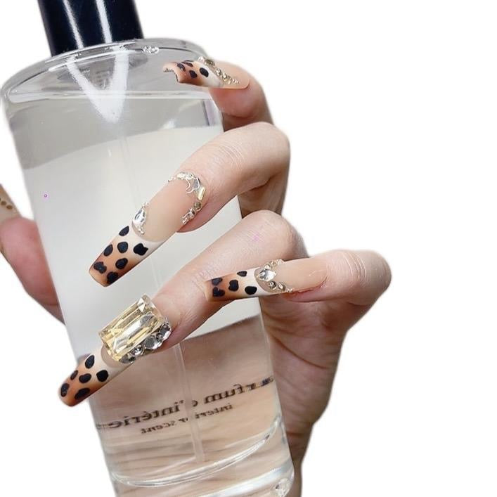 Leopard Print Press On Nails – Long Coffin Shape with Square Rhinestones (077)