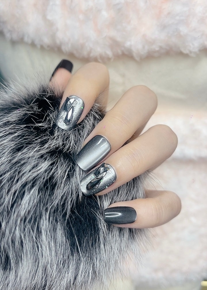 Press on Nails Square Shape Black Cat-Eye Color with Sparkle Design 127 Glam Easy Application for Various Occasions