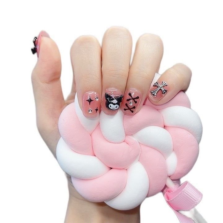 Press on Nails Short Round Black and Pink Color with 3D Design 001