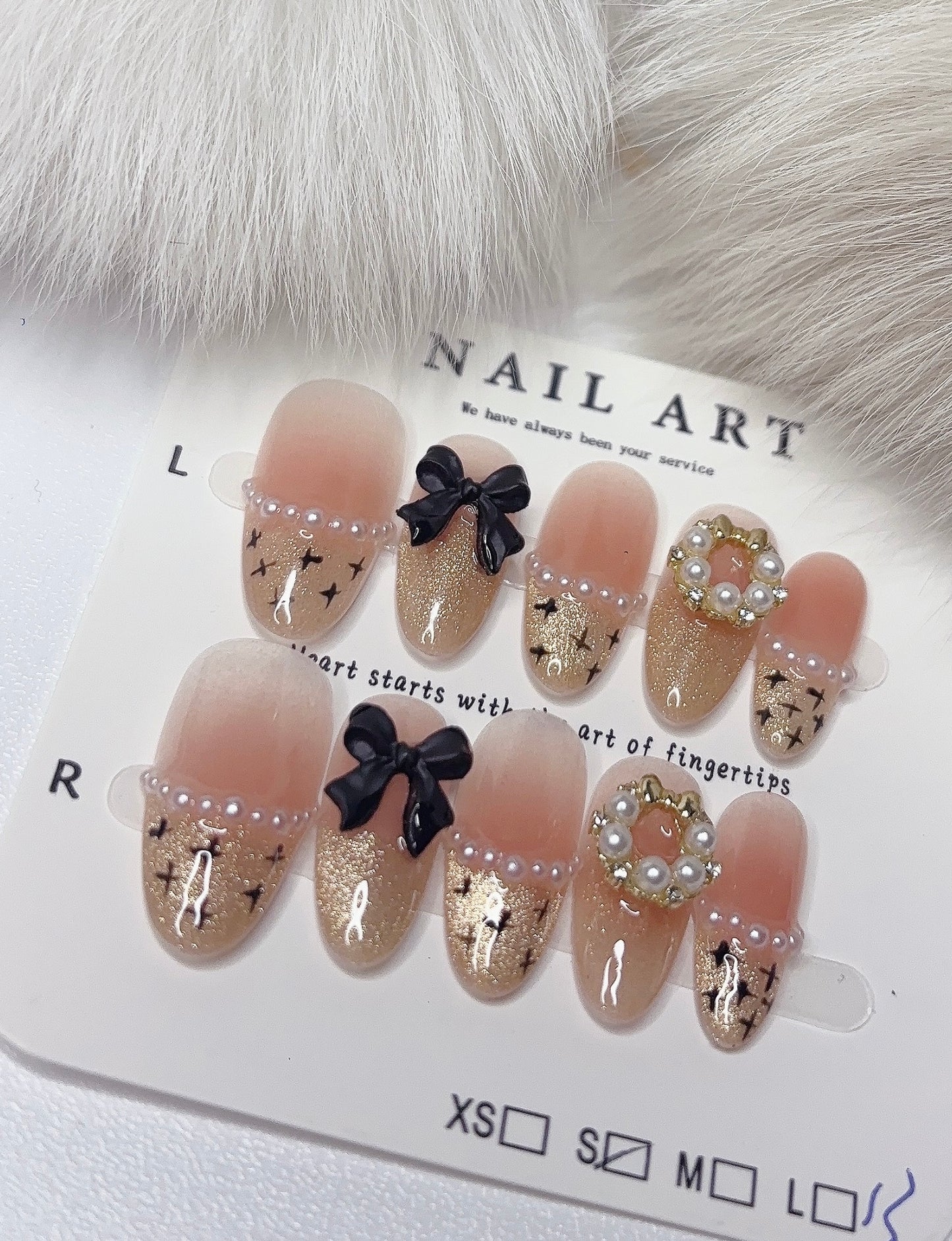 Artificial Acrylic Nails Long Oval with Mini Peal and Black Bowknot Design Tipora 113