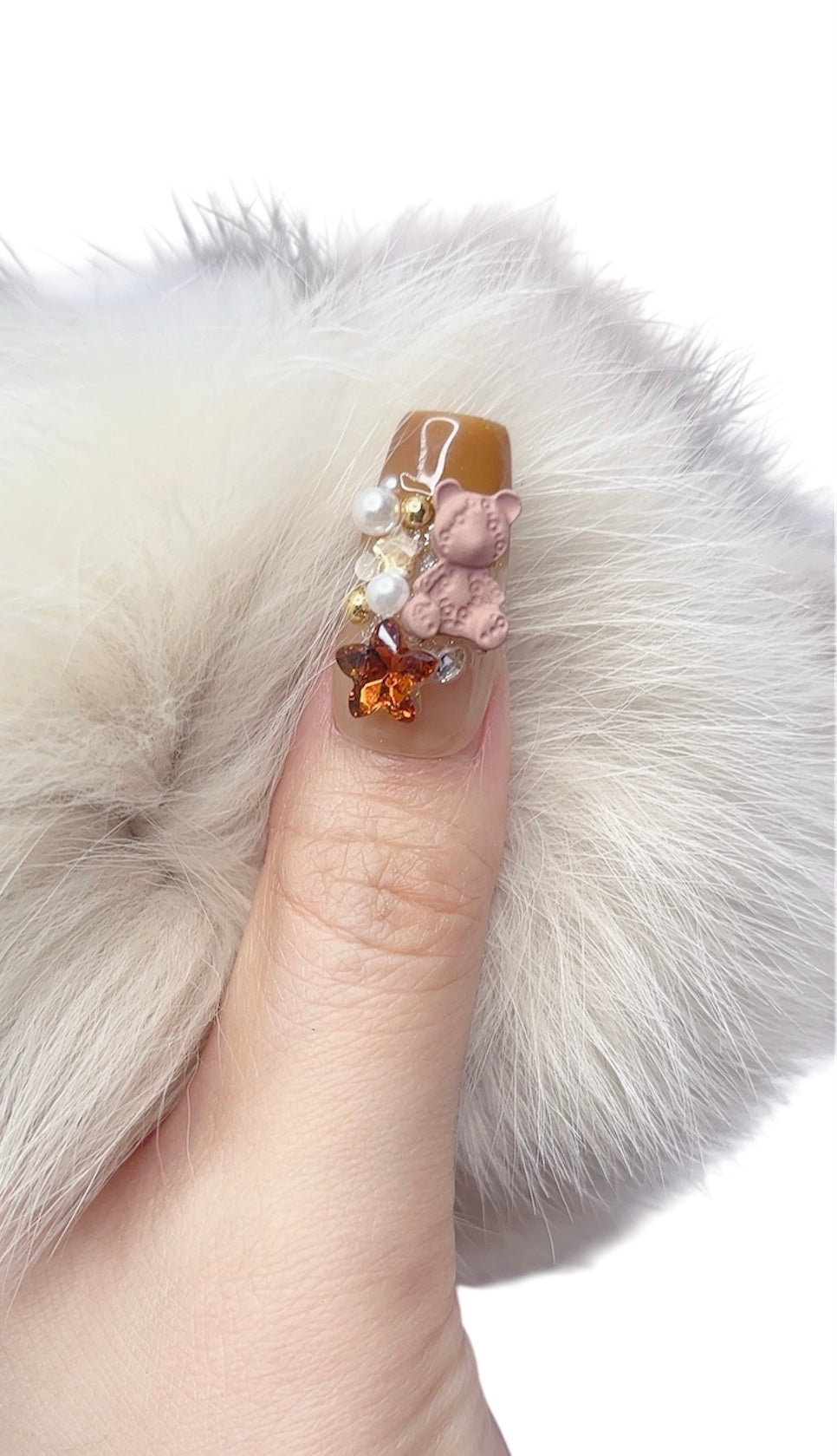 Brown Long Coffin Press-On Nails with 3D Bear and Sparkle Design | Tipora 078