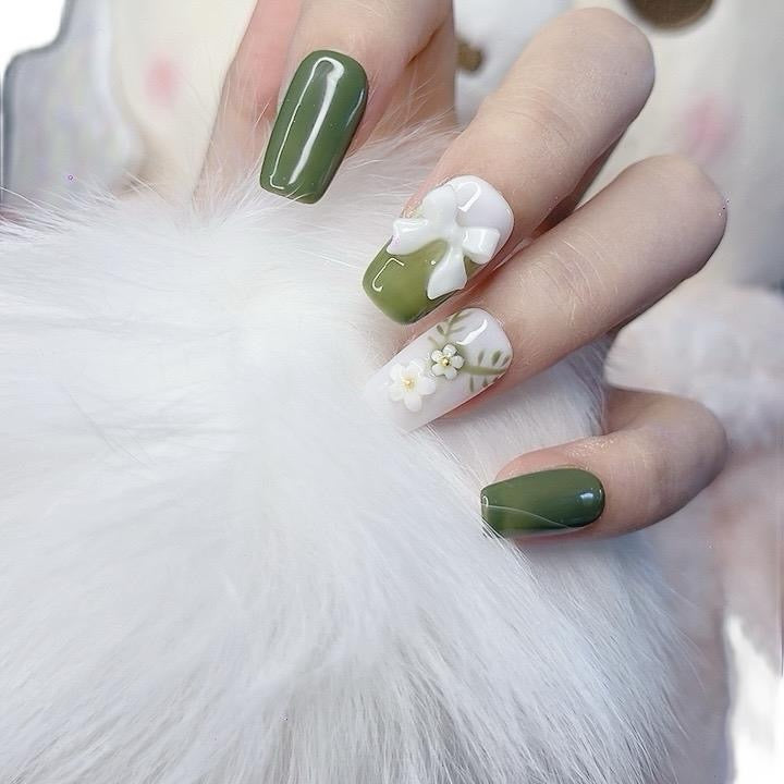 Square Press-on Nails Green Summer Medium Length with White Bowknot Tipora 112