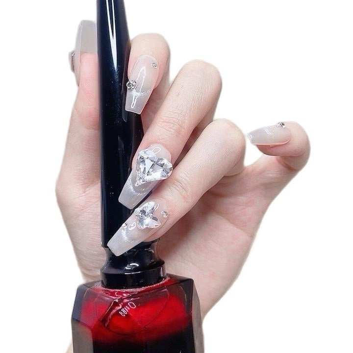 Pink Long Coffin Press-On Nails with Heart Rhinestone Design | Tipora 043