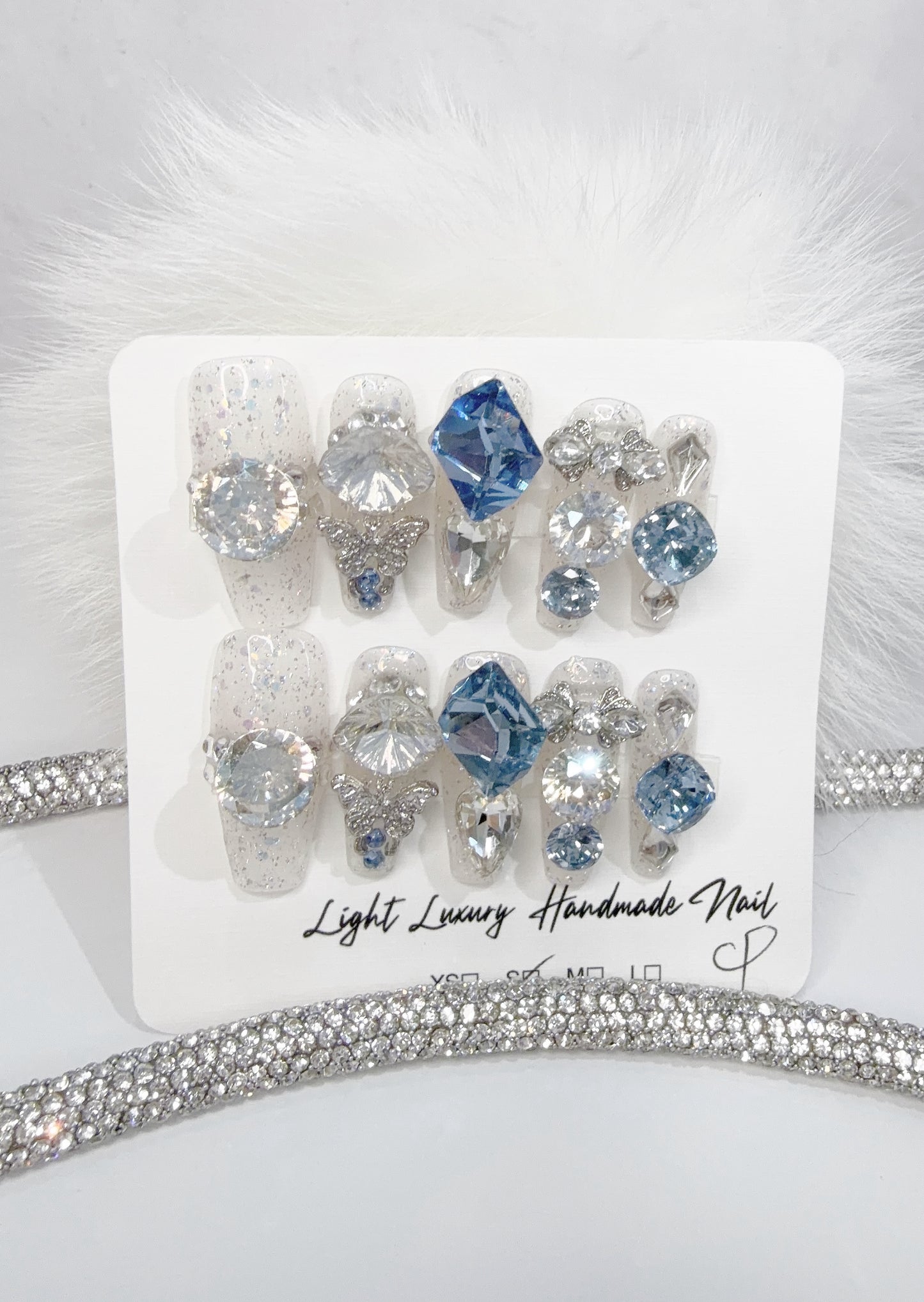 Blue & Silver Long Coffin Press-On Nails with Rhinestone Design | Tipora 028