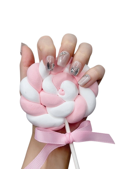 Pink Short Square Press-On Nails with Sparkle Design | Tipora Doudou 053