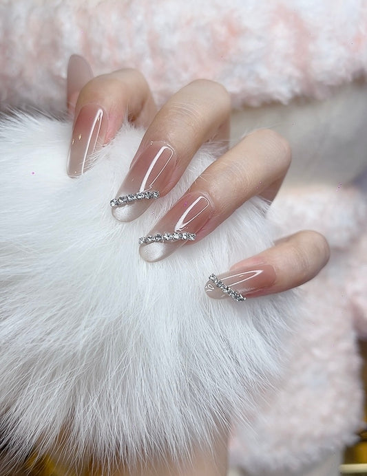 Press on Nails Oval Shape Pink Ombre with Rhinestones Design 0000