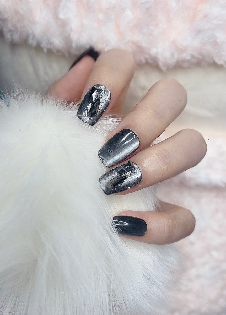 Press on Nails Square Shape Black Cat-Eye Color with Sparkle Design 127 Glam Easy Application for Various Occasions