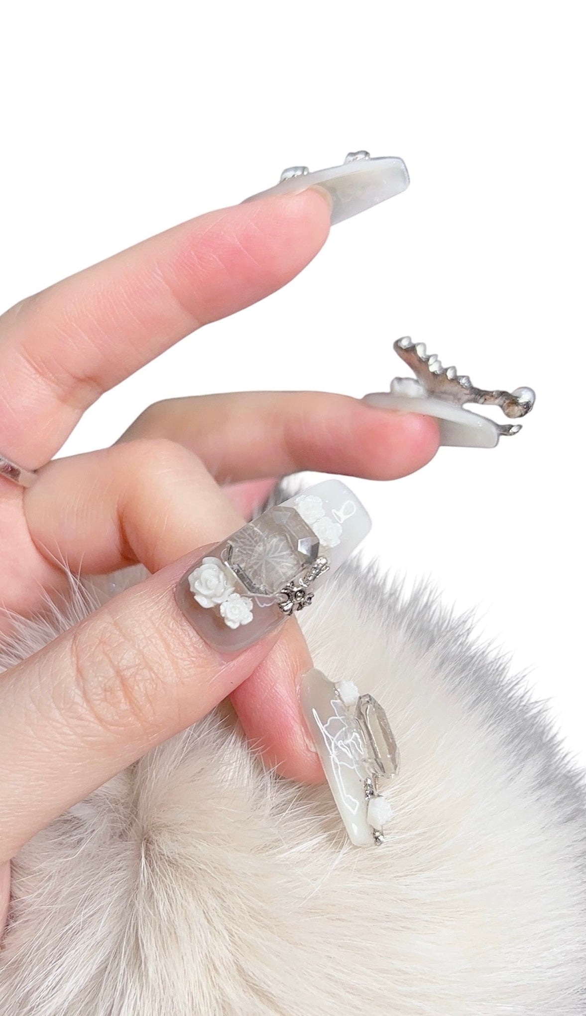 Gray Long Coffin Press-On Nails with 3D Metallic Butterfly Design | Tipora 048