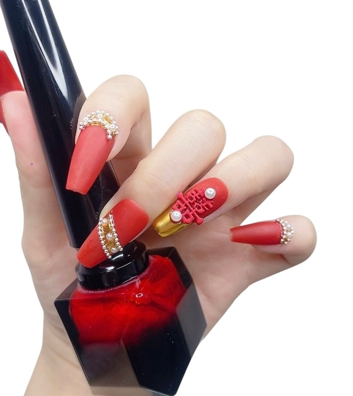 Red Long Coffin Press-On Nails with 3D Wedding Design | Tipora 070