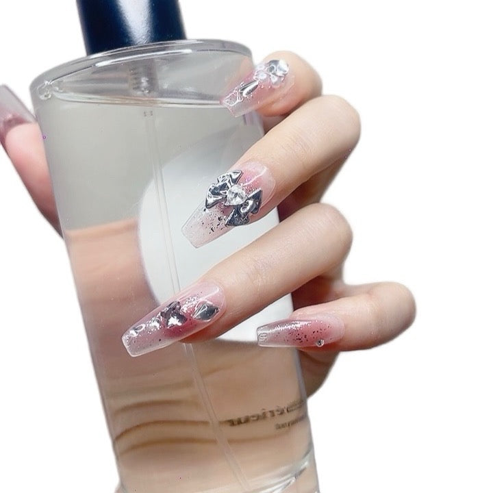 Pink Medium Coffin Press-On Nails with 3D Bowknot Design | Tipora 086