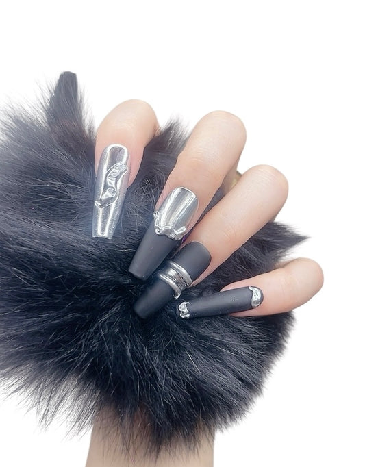 Press on Nails Long Coffin Black and Silver Color (074)
