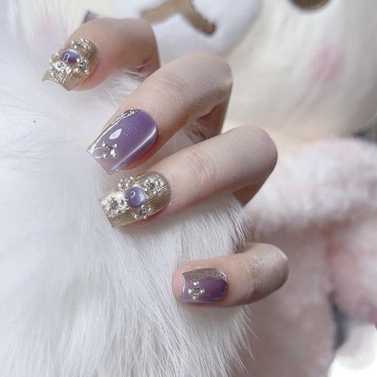 Reusable Short Square Gel Nails Purple Color with Cat-Eye Design Tipora 109