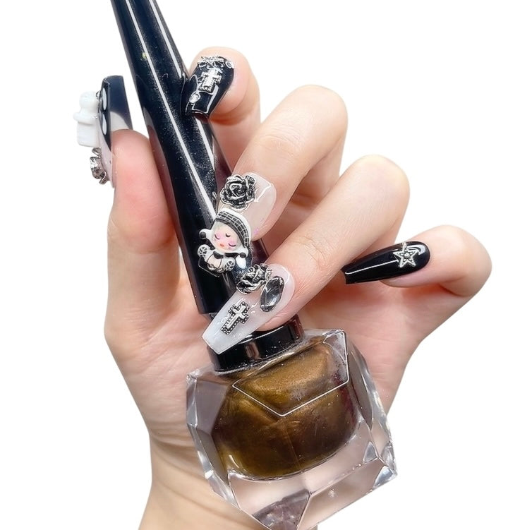 Black & White Long Coffin Press-On Nails with 3D Doll & Flower Design | Tipora 068