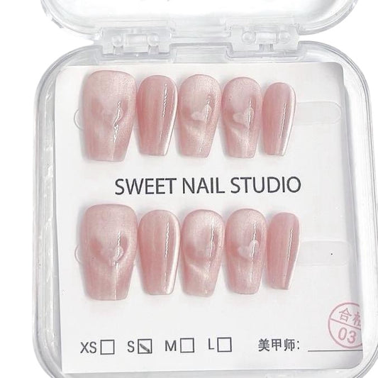 Pink Medium Coffin Press-On Nails with Heart Design – Tipora 038 Limited Edition