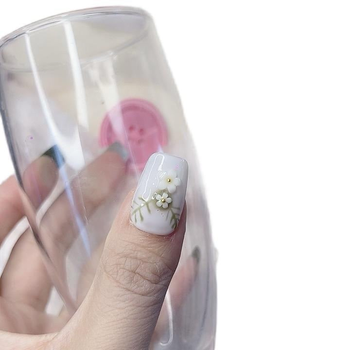 Square Press-on Nails Green Summer Medium Length with White Bowknot Tipora 112