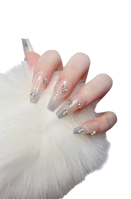 Pink & Gray Long Coffin Press-On Nails with Rhinestone Design | Tipora 016