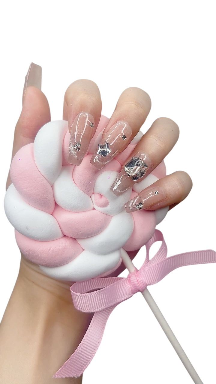 Pink Long Coffin Press-On Nails with Star-Shaped Rhinestone Design | Tipora 032