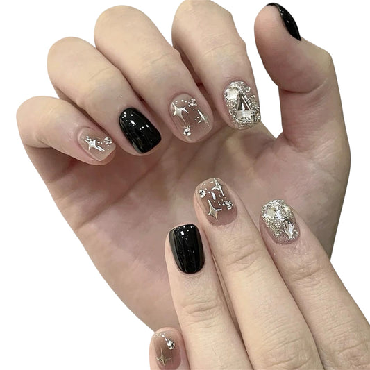 Black, Gray & Silver Short Square Press-On Nails with Sparkle Design | Tipora Doudou 056