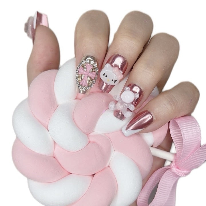 Press on Nails Medium to Length Coffin Pink Color with 3D Cat Color 010