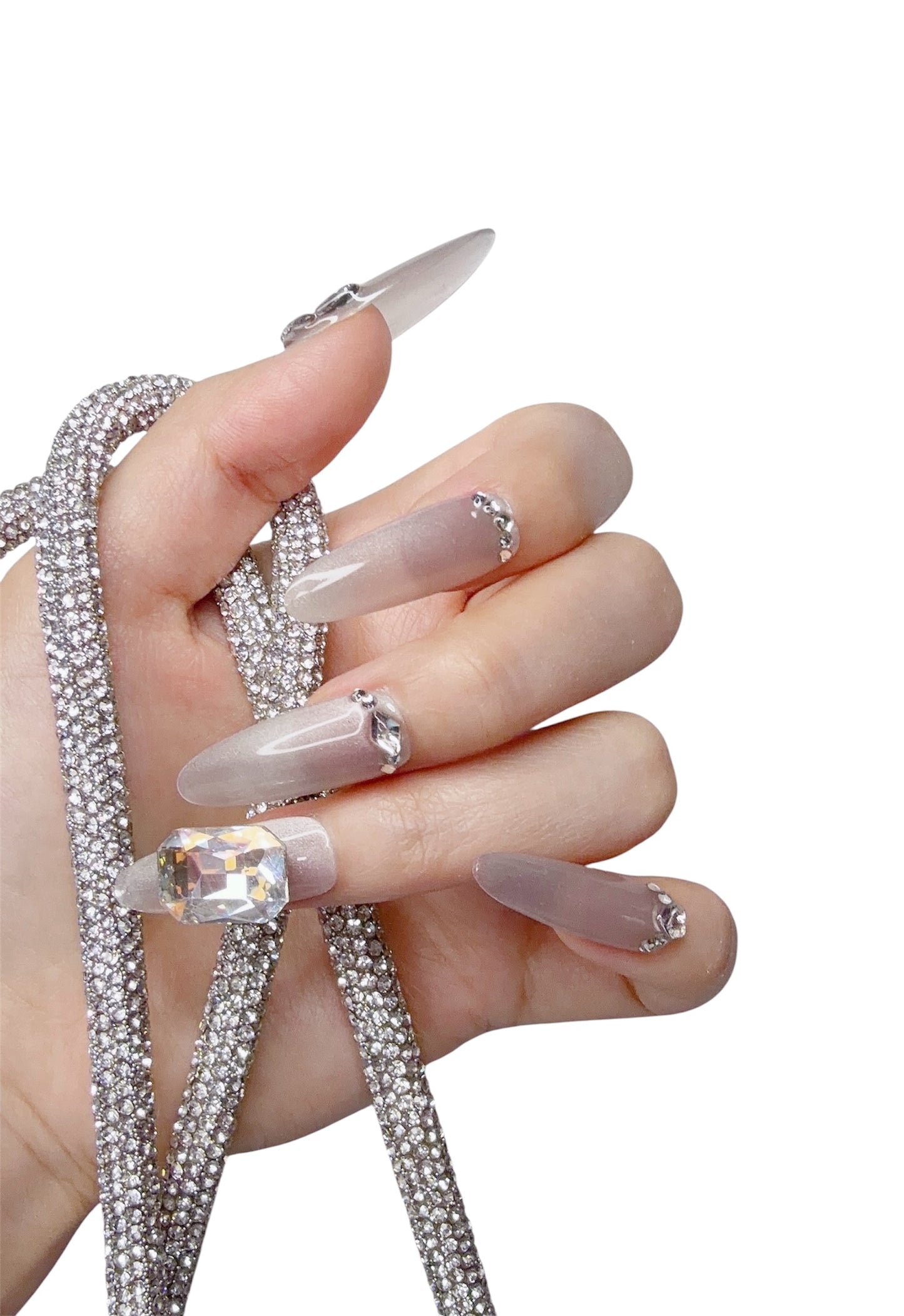 Gray Long Oval Press-On Nails with Rhinestone Design | Tipora 003